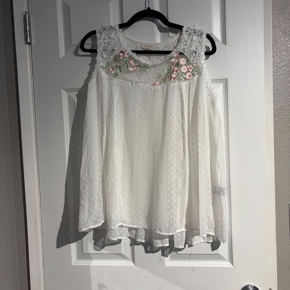 POL White Swiss Dot Sleeveless Top Floral Embroidered Lace Mesh Yoke Small